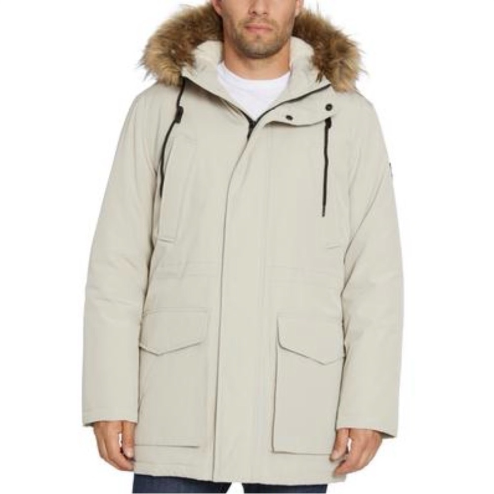 Sean John Men's Utility Parka with Faux-Fur Trimmed Hood - Stone Size L